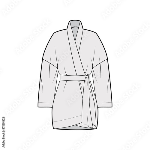 Kimono technical fashion illustration with relaxed fit, long wide sleeves, belt to cinch the waist, above-the-knee length. Flat apparel blouse template front, grey color. Women men unisex shirt mockup