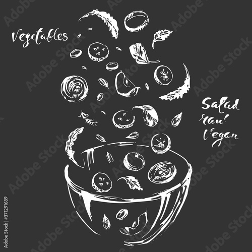 Hand drawn sketch of salad ingredients falling into a glass bowl.
