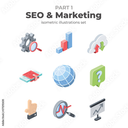 SEO and marketing icons set. Vector 3d isometric, color web icons set, new flat style. Creative illustration, idea for infographics.
