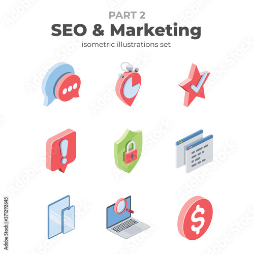 SEO and marketing icons set. Vector 3d isometric, color web icons set, new flat style. Creative illustration, idea for infographics.