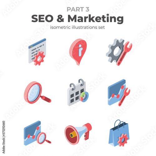 SEO and marketing icons set. Vector 3d isometric, color web icons set, new flat style. Creative illustration, idea for infographics.