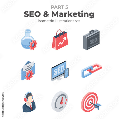 SEO and marketing icons set. Vector 3d isometric, color web icons set, new flat style. Creative illustration, idea for infographics.