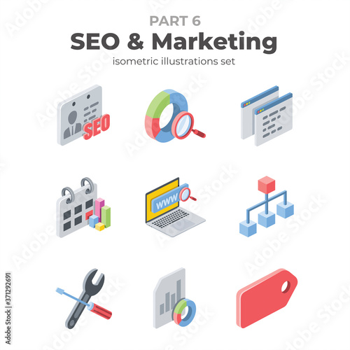 SEO and marketing icons set. Vector 3d isometric, color web icons set, new flat style. Creative illustration, idea for infographics.