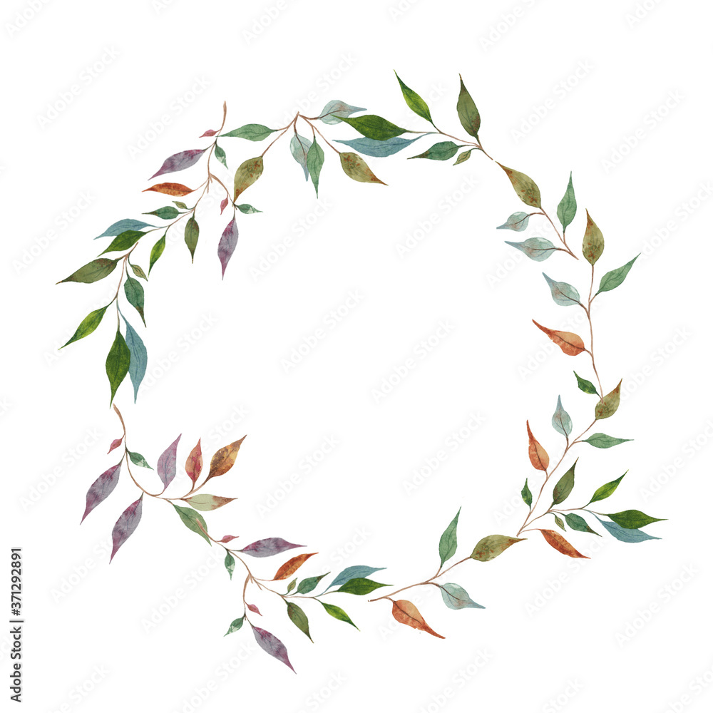 Naklejka premium Watercolor colorful frame with autumn leaves and branches. White background.