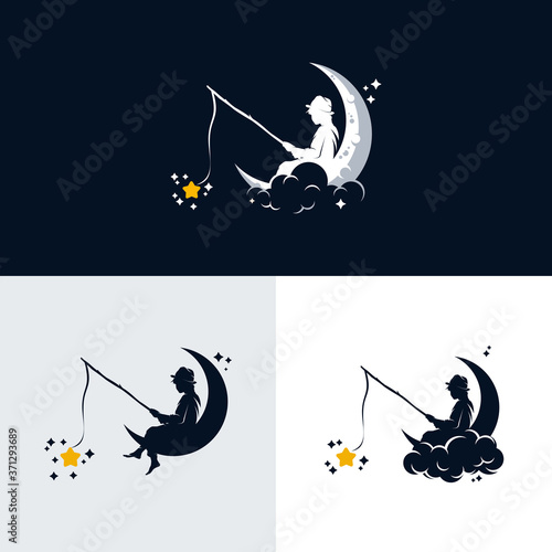 Little boy fishing stars on the moon