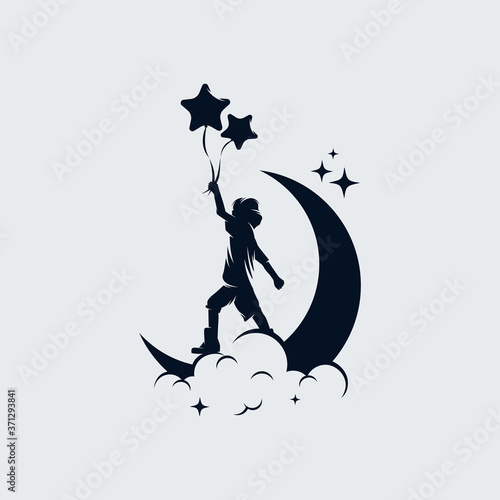 Little child holds stars balloons on the moon