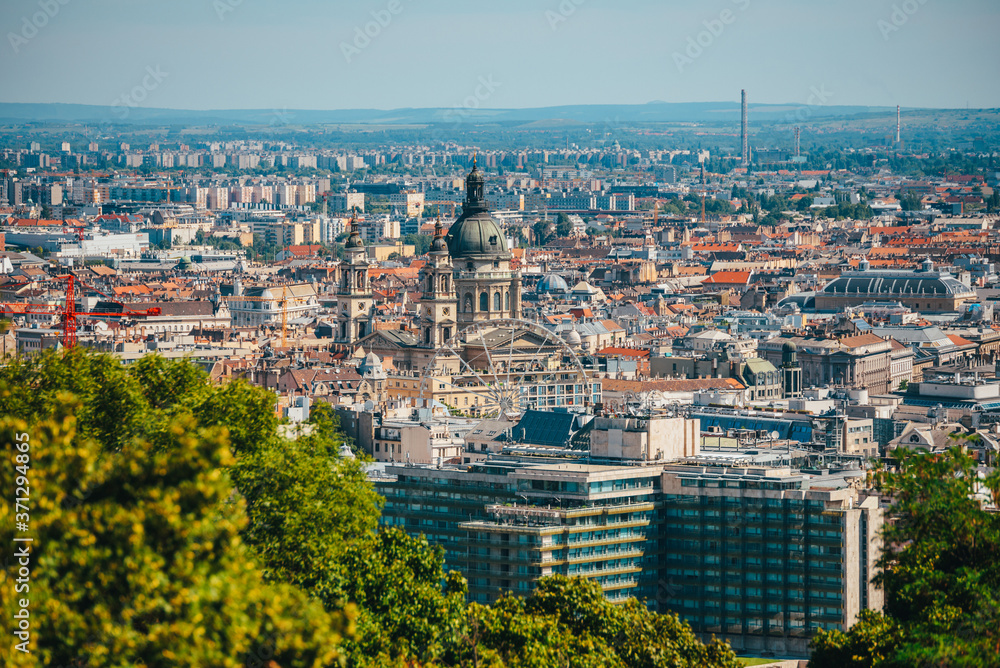 Aerial View on Historical Center of Budapest. Budapest Eye and St. Stephen's Basilica.