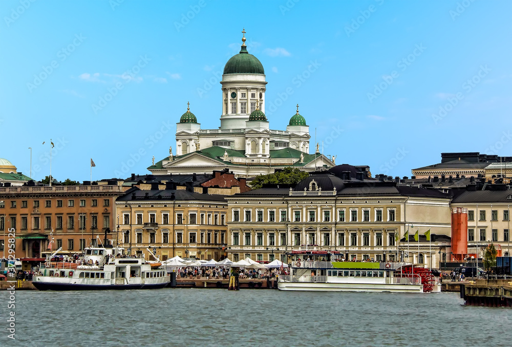 A view from a boat offshore in the South Harbour towards the Finnish capital, Helsinki in summertime