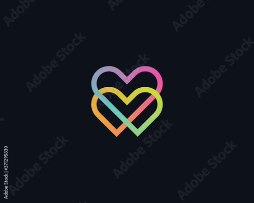 Gradient monoline two hearts icon symbol, isolated on black backdrop. Modern valentines day greeting card concept.Linear medical health sign design.