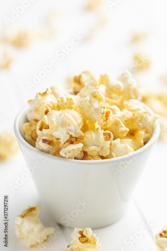 Sweet tasty popcorn in bowl.