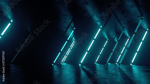 3d render of futuristic neon glow scene on reflective floor and ceil with texture.  Abstract blue lamps.