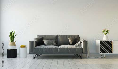 Living room interior with gray sofa on gray empty wall, 3d rendering 