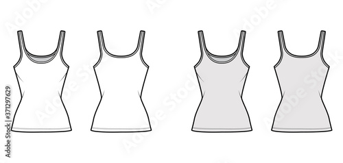 Cotton-jersey tank technical fashion illustration with scoop neck, close fit, tunic length. Flat outwear basic camisole apparel template front back white grey color. Women men unisex shirt top mockup