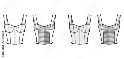 Jewel cropped shirred corset-style smocked top technical fashion illustration with molded cups, close fit, shirred back. Flat apparel template front, back, white grey color. Women men unisex shirt CAD
