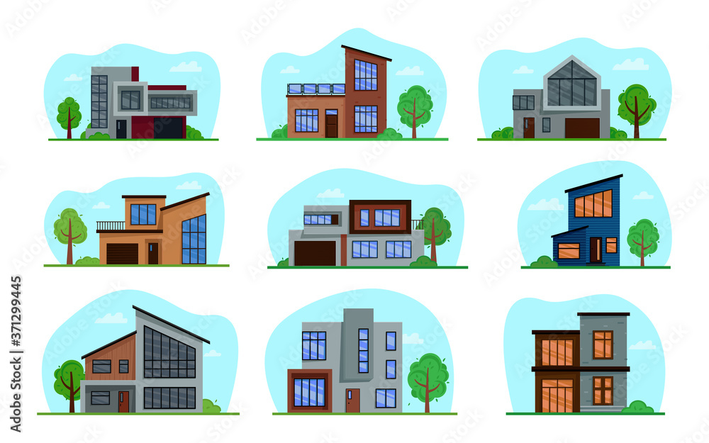 A collection of modern houses isolated against the sky, trees and lawn. Flat cartoon illustration.