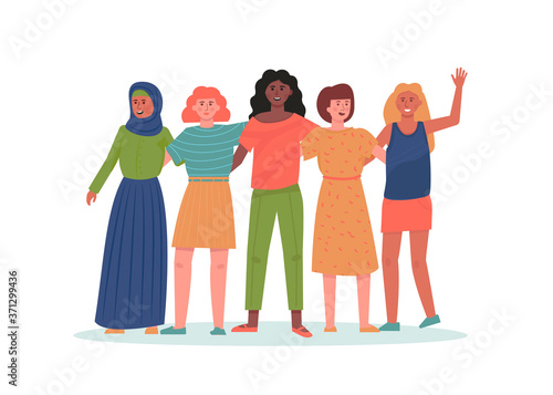 Multi ethnic group of girls, standing in an embrace. They are friends, happy students. A symbol of unity and support. Flat cartoon illustration.