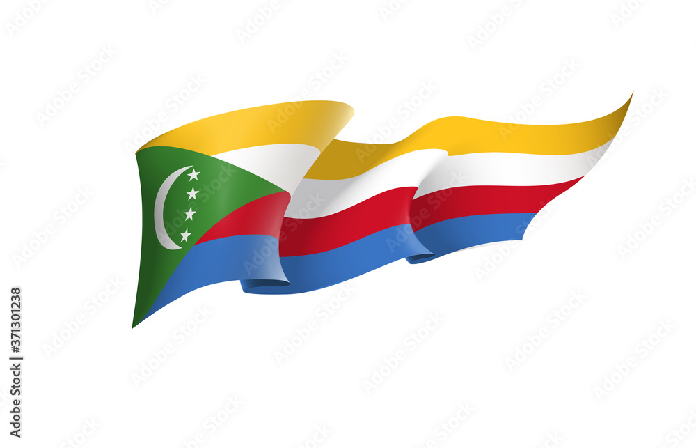 Comoros flag state symbol isolated on background national banner. Greeting card National Independence Day of the Union of the Comoros. Illustration banner with realistic state flag. Comoros flag state symbol isolated on background national banner. Greeting card National Independence Day of the Union of the Comoros. Illustration banner with realistic state flag.