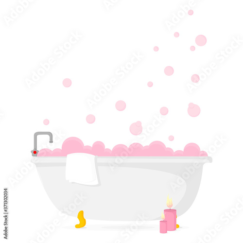 Bathtub full of foam and water, prepared for bathing. 
