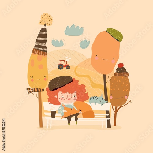 Cute cartoon girl hugging fox in autumn forest