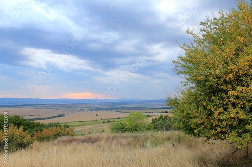 View of the plain from a height in the vicinity of the village of Avren  Bulgaria  at sunset