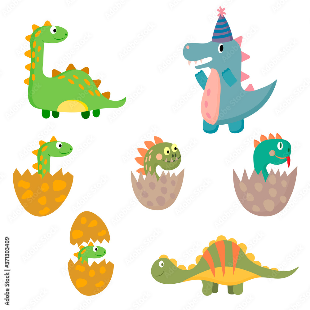 Obraz premium Set cute dinosaurs in style cartoon, isolated on white background. Vector flat illustration.