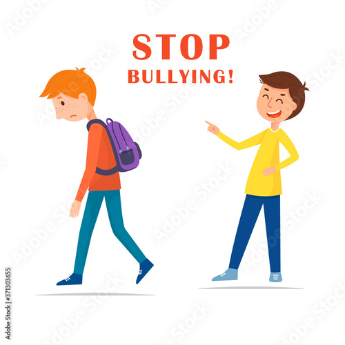 Stop bullying in the school. Cartoon vector illustration, isolated on white background. The boy laughs at the student