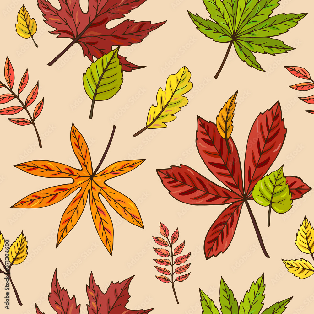 Vector seamless pattern of autumn leaves, falling down. Autumnal background. Perfect for seasonal and Thanksgiving Day, greeting cards, textile, wrapping. Vector seamless pattern of autumn leaves, falling down. Autumnal background. Perfect for seasonal and Thanksgiving Day, greeting cards, textile, wrapping.