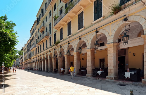 A fashionable arched cafe of Liston in Corfu, Greece