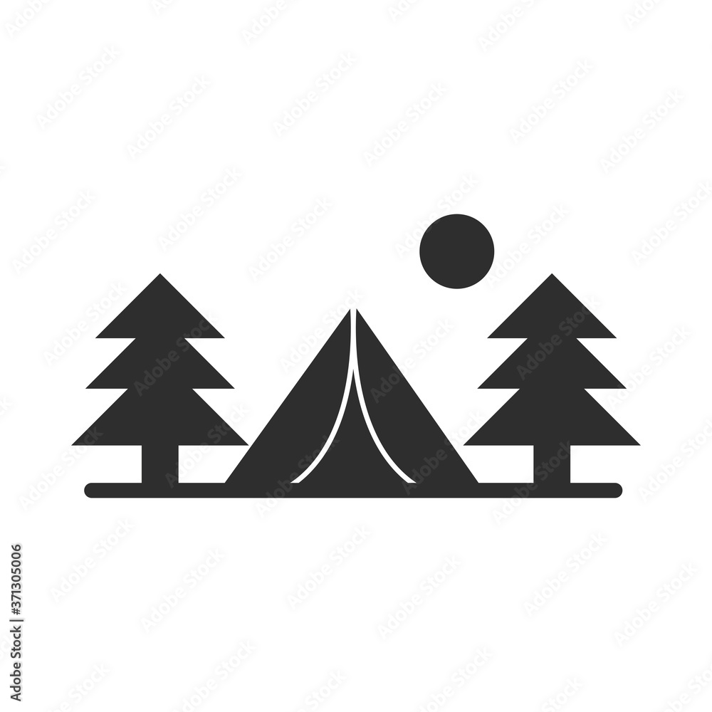 Fototapeta premium camping tent pine trees sun landscape silhouette icon design