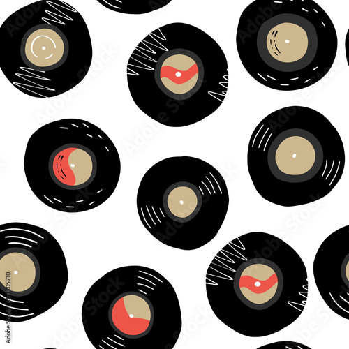 Vinyl records hand drawn seamless pattern. Music endless ornate for coverage, wrapping paper, textile print and other.