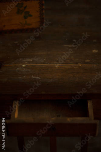 Retro Desk front view. Antique brown wooden table with a drawer. Copy space. Layout