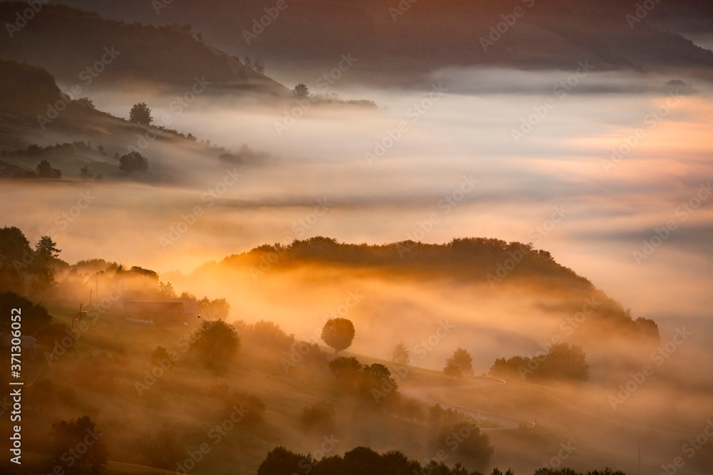 Fototapeta premium Magic sunrise in a Carpathian mountain valley