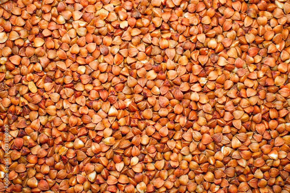 Brown buckwheat grains close up