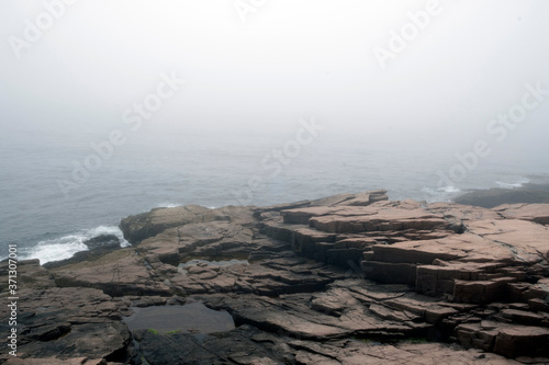 Foggy morning during Ocean Path hike, Acadia National Park, Bar Harbor,Maine, USA.