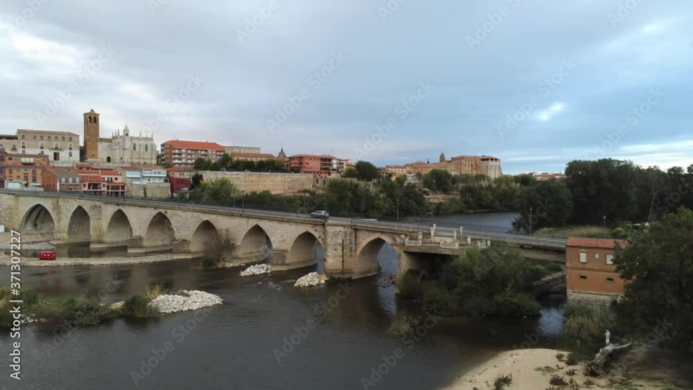 Bridge in Tordesillas, historical village of Valladolid, Spain. Aerial Drone Footage Bridge in Tordesillas, historical village of Valladolid, Spain. Aerial Drone Footage