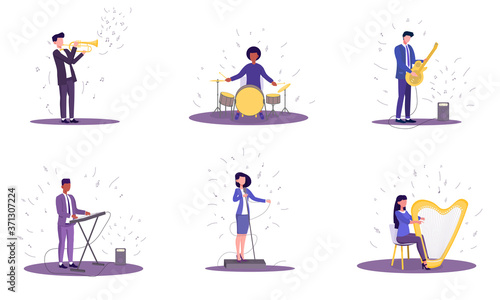 Vector illustration of group of musicians. People playing on trumpet, harp, synthesizer, guitar,drums and singing into microphone