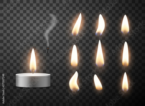 Tea candle burning and flame shapes realistic set. Fire for fragrance lamp. Candlelight, tealight.
