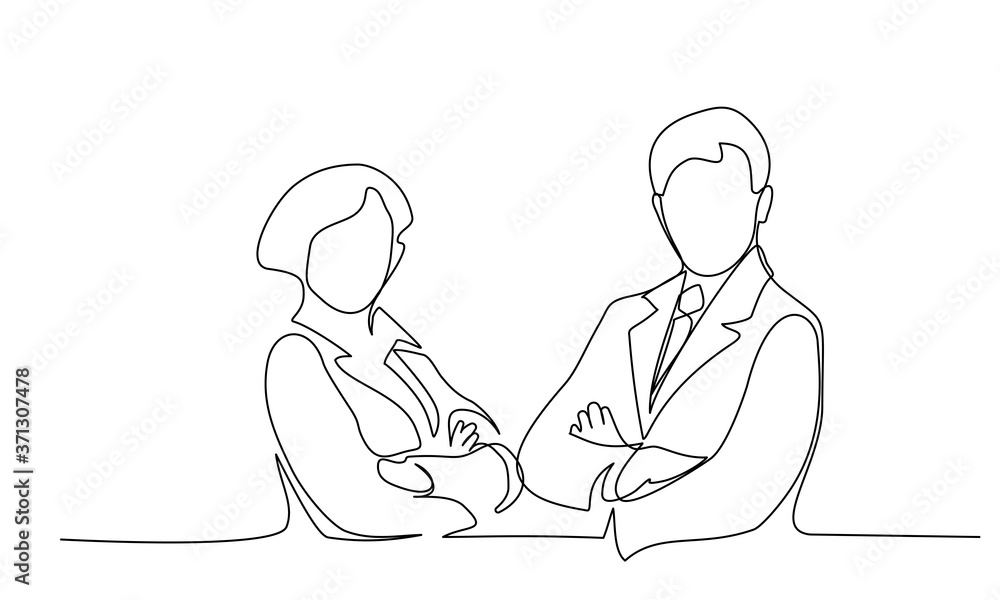 Young man and woman work together in office. Continuous One line drawing Young man and woman work together in office. Continuous One line drawing