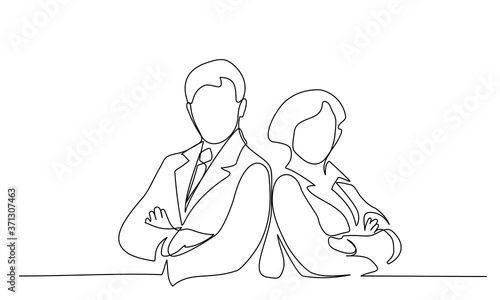 Young man and woman work together in office. Continuous One line drawing