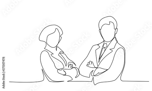 Young man and woman work together in office. Continuous One line drawing