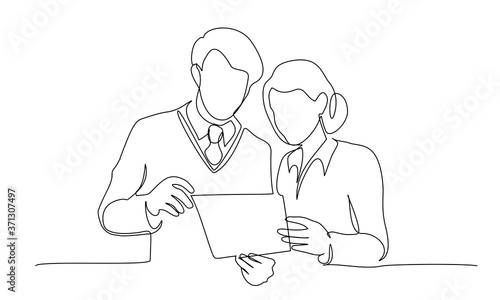 Young man and woman work together in office. Continuous One line drawing