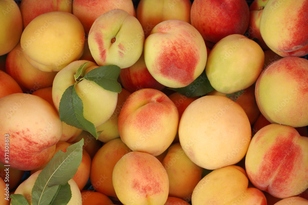 fruit market stall with peaches. fruit market stall with peaches.