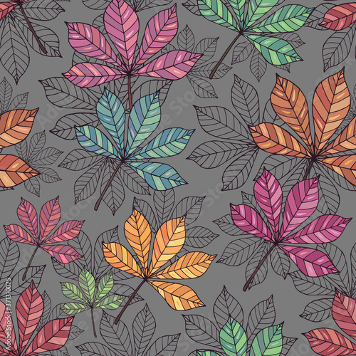Fototapeta Naklejka Na Ścianę i Meble -  Seamless vector pattern of colorful and linear leaves.  Falling colorful leaves. It can be used for websites, packing of gifts, fabrics, wallpapers. Autumn background.  