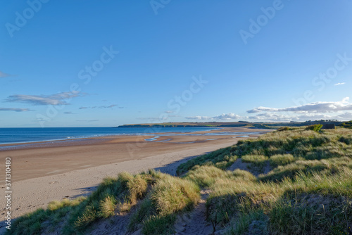 St Cyrus Beach in Aberdeenshire looking South on one Fine Autumn day, with the exposed beach from the low tide stretching away into the Distance.