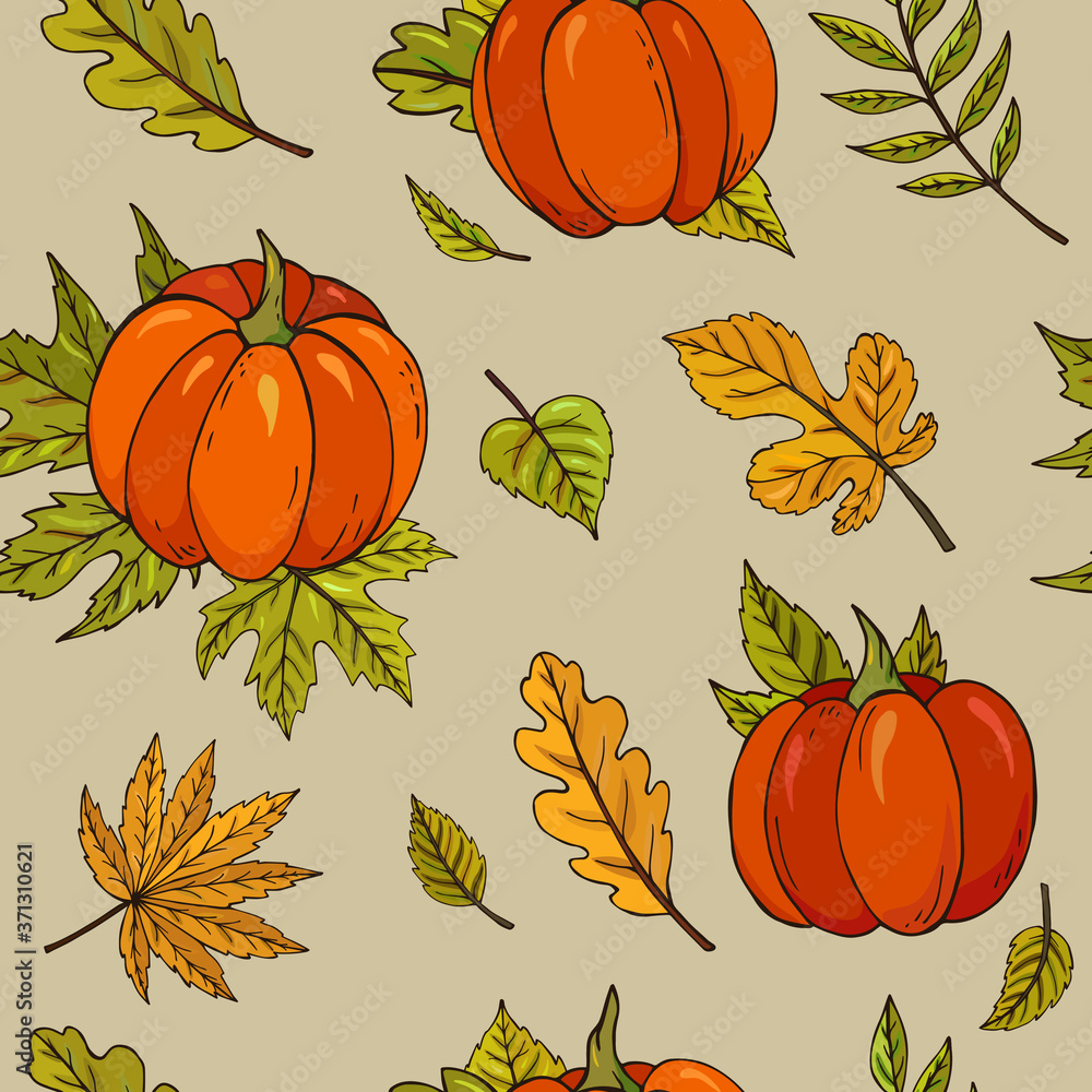 Autumn seamless vector pattern with pumpkins and leaves on a light background. Falling colorful leaves. Perfect for seasonal and Thanksgiving Day, greeting cards, textile, wrapping.