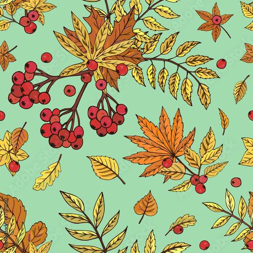 Seamless vector pattern with rowan berry branches. It can be used for websites, packing of gifts, fabrics, wallpapers.  Beautiful seamless natural pattern background.