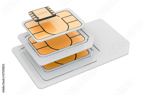 Plakat eSIM, nano, micro and mini sim cards, 3D rendering