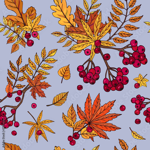 Seamless vector pattern with rowan berry branches. It can be used for websites, packing of gifts, fabrics, wallpapers.  Beautiful seamless natural pattern background.