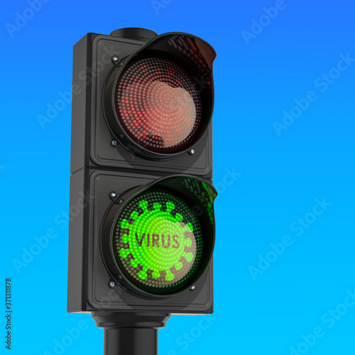Traffic light Virus with green light against blue sky, 3d rendering