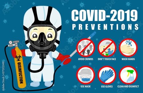 Coronavirus preventive signs. Basic protective measures against the new coronavirus. Vector guidance to stay healthy from Covid-19 and medical scientist disinfector